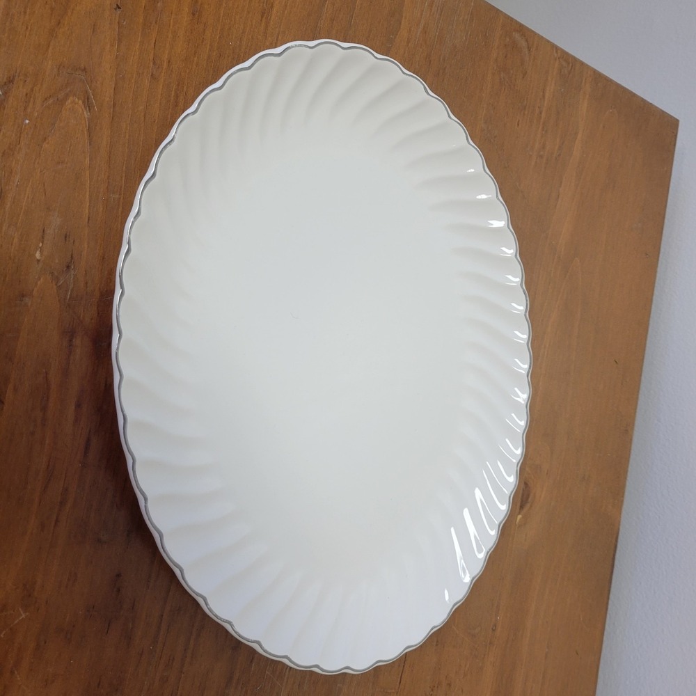 Vintage USA Pottery Scalloped Edge Silver‎ Edge Oval Platter